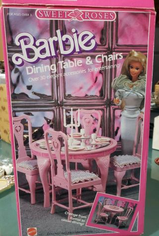 Vintage 1987 Barbie Mattel Sweet Roses Dining Table And Chairs 7107