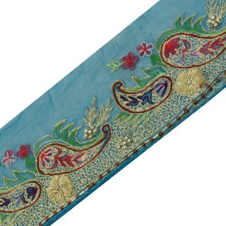 Antique Vtg Saree Border Indian Craft Trim Hand Beaded Embroidered Blue Ribbon