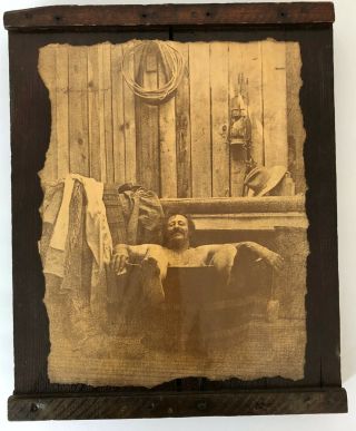 R.  Hendrickson Vintage Sepia Print Attached to Old Wood,  Cowboy Soaking,  Cool 2