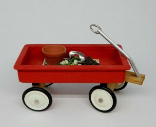 Vintage Red Wagon With Tomato Plant - Artisan Dollhouse Miniature 1:12