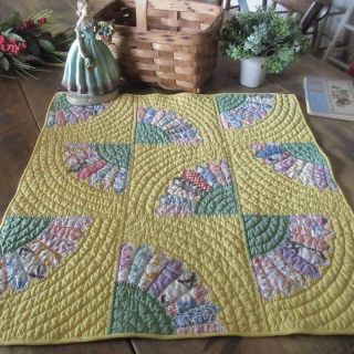 Densely Quilted Yellow Fan Farmhouse Vintage Doll Or Table Quilt Runner 22x23 "