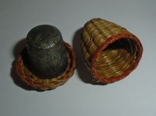 Antique Straw Miniature Basket Thimble Holder Case & Charles Horner Thimble
