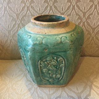 Antique Asian Green Glaze Pot Vase Ginger Jar Floral Design Pottery
