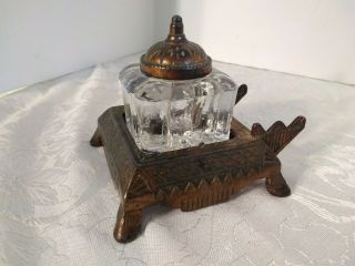 Antique Cast Iron Stand With Glass Inkwell