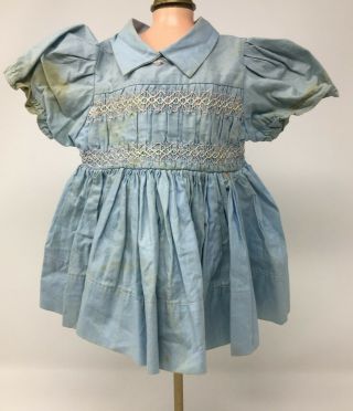 Vintage Blue Doll Dress With Cinched Top Snap Back 10 " Long