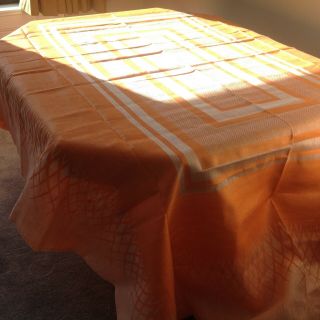 Large Orange Vintage Linen Tablecloth With Napkins - 1950 