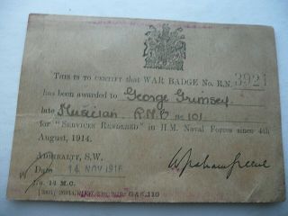 Rare Ww 1 War Badge Certificate/notice/award 1914 Royal Marine Band Ephemera