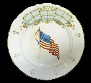 Old Antique 1922 Calendar Plate Us American Flag Mcnicol China United States Usa