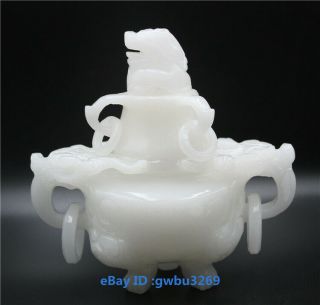 Exquisite Chinese Hand Carved 100 Natural Jade Dragon Incense Burner