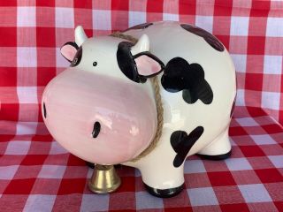 Vintage Holstein Cow Dinner Bell Piggy Bank Horns And Money Coin Rare 6/8 ❤️sj3j