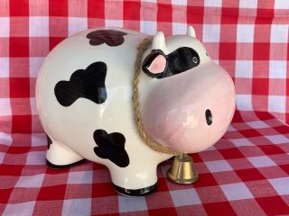 Vintage Holstein Cow Dinner Bell Piggy Bank Horns and Money Coin RARE 6/8 ❤️sj3j 2
