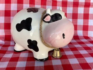 Vintage Holstein Cow Dinner Bell Piggy Bank Horns and Money Coin RARE 6/8 ❤️sj3j 3