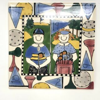 H & R Johnson Ceramic 6 Inch Summer Tile Golfing Signed Nancy Deyoung 1993
