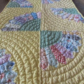 Densely Quilted Yellow Fan Farmhouse Vintage Doll Or Table Quilt Runner 23x14 1/