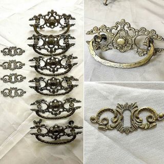 6 Antique Drawer Handles Pulls Brass & 4 Key Plates - Ornate Unique Diy Project