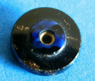 Antique Vtg Black & Blue Glass Button Whistle W Brass Back Bkmk Unusual Design