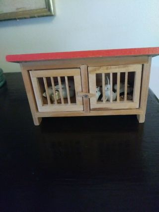 Vtg Wooden Hand Painted Doll House Furniture Rabbit Hutch W/ Bunnies