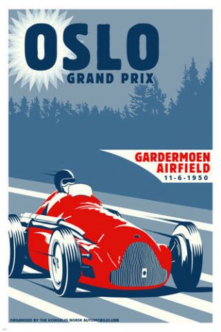 Oslo Grand Prix 1950 Vintage Automobile Race Poster 24x36 Red Sporty Classic