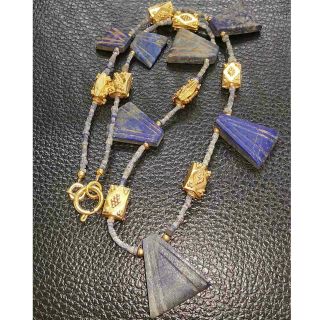 Gold Plated Beads Necklace With L Ancient Lapis Lazuli Stone Beads