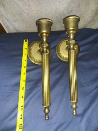 Vintage 2 Solid Brass Wall Sconces Candle Holders 12 " Tall Set Heavy