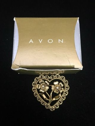 Vintage Avon Antiqued Heart Pin Gold Tone & Faux Pearls Gorgeous