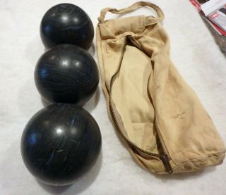 (3) Vintage Candlepin Balls,  Black/blue Swirl.  2,  4oz,  Unbranded,  W/ Canvas Bag