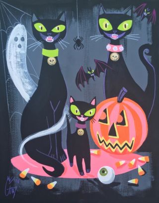 El Gato Gomez Retro Vintage Halloween Print Black Cats Pumpkin Decoration Witch