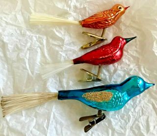 Antique Vtg 3 Colorful Song Birds On Clips Glass German Christmas Ornaments