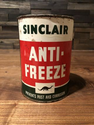 Rare Sinclair Anti - Freeze Metal Quart Oil Can Full Gas Station Dinosaur