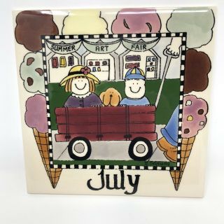H & R Johnson Ceramic 6 Inch Calendar Tile July Month Signed Nancy Deyoung