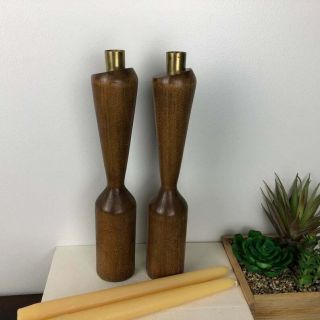 Mid Century Modern Wood Candle Holders Pair Danish Style Vintage Wooden 11 Inch