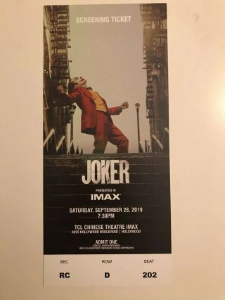 Rare Joker Movie Premiere Ticket 2019 Batman Joaquin Phoenix Film Last One