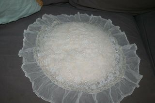 Vintage French Creamy Normandy Lace Pillow Cover Round 23 " Embroidered Flowers