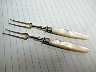 2 Antique Mop Mother Of Pearl 2 Tine Small Forks