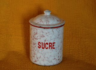 Red Sucre Canister Sugar Bowl French Antique Enamel Ware Graniteware