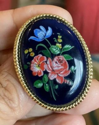 Charming Vintage Antique Style Blue Enamel Multicolored Floral Gold Brooch Pin