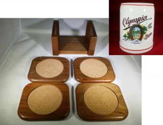Rare Vintage Olympia Beer Teak Wood Coasters Ceramic Stein Mug Stand Bar