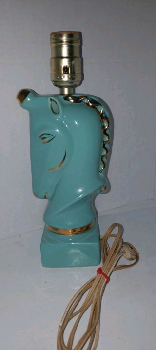 Vintage Unicorn Horse Ceramic Lamp Teal Aqua Gold Detail Deco Mid Century Modern
