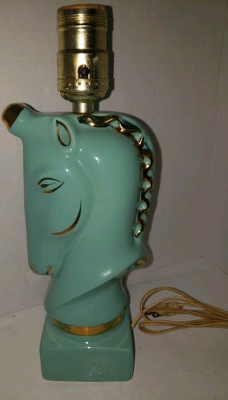 Vintage UNICORN HORSE Ceramic LAMP TEAL AQUA Gold Detail Deco Mid Century Modern 2