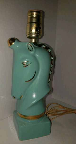 Vintage UNICORN HORSE Ceramic LAMP TEAL AQUA Gold Detail Deco Mid Century Modern 3