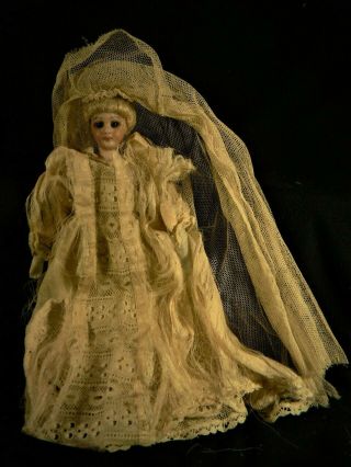 Antique Porcelain 7 " Doll Wedding Silk Lace Estate As Found Estate