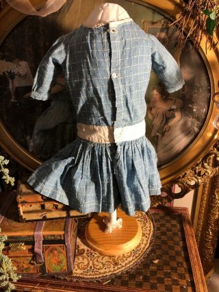 Great Antique Cotton Blue & White Check Child Doll Dress 2