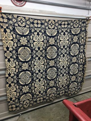 Rare Mid 1800’s Antique White & Blue Coverlet 78” By 72”