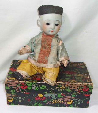 Vintage Oriental Boy Doll - Composition W/ Porcelain Head In Old Cany Box