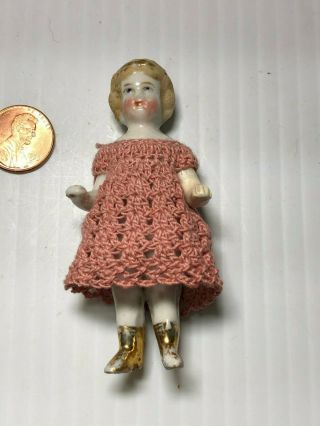 3 " Antique Porcelain Frozen Charlotte Doll High Heeled Gold Boots Unmarked