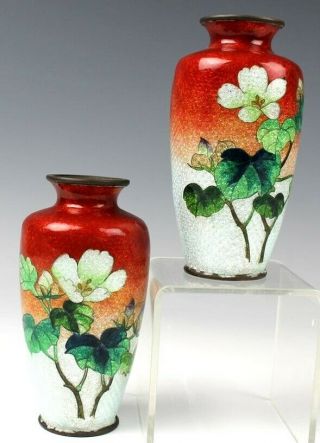 Pair Antique Japanese Wireless Guilloche Cloisonne Enamel Floral Vases Nr Bub