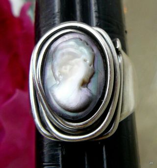 Rebajes Rare Vintage Signed Hand Wrought Sterling Silver Mop Shell Cameo Ring