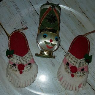 Set Of 3 Vintage Felt Santa Claus And Cardboard Toy Soldier Handcrafted Ornament