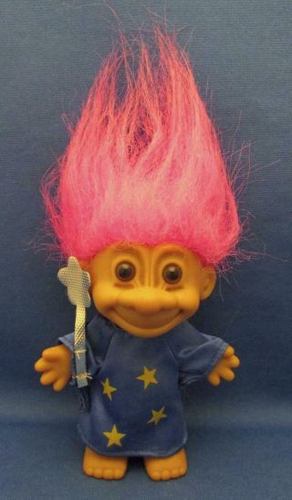 Vintage Russ Troll Doll Bright Pink Blue Hair Wearing A Wizard Costume