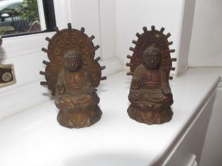 2 Vintage Japanese Home Alter Shrine Copper Buddhas 3 ",  Kanji Characters On Back
